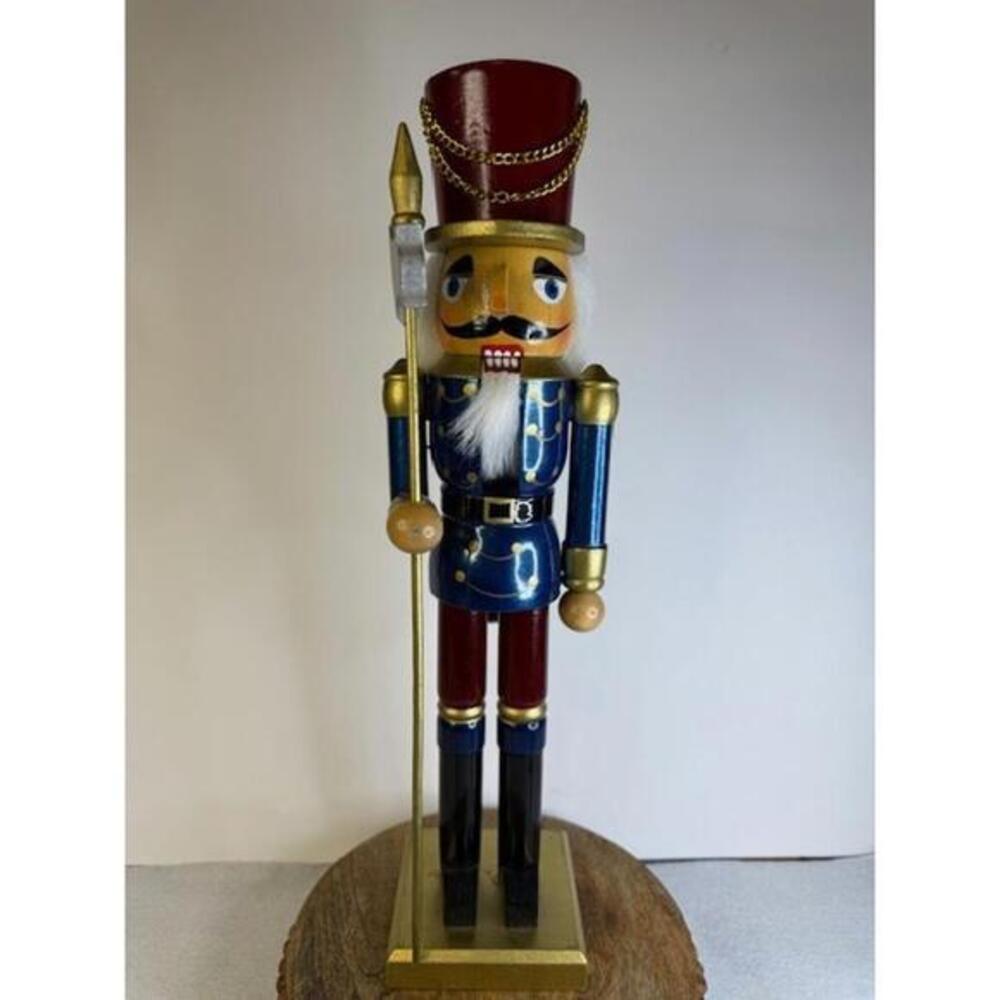 Vintage Wooden Nutcracker Soldier 14” Blue Red Gold w Spear Christmas Decor